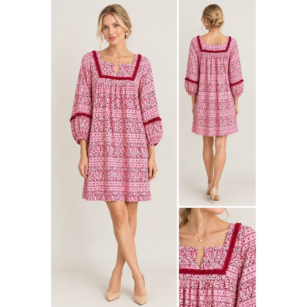 Tuckernuck Heat Wave Catalans cover up tunic mini dress Size L pink red Boho
